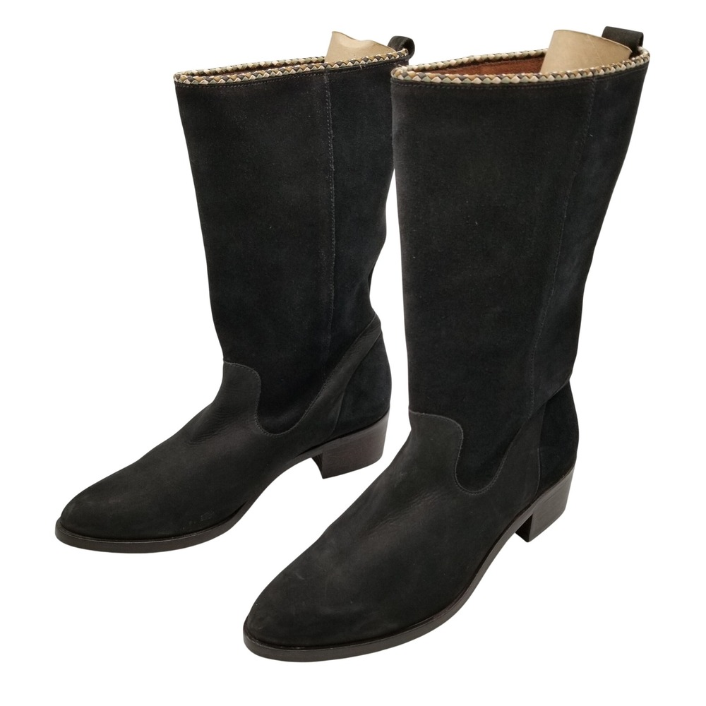 Eric Michael Mid-Calf Boots Women 38 7.5 Black Suede Leather Woven Trim Spain